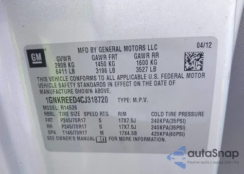 2012 Chevrolet Traverse Ls from USA, damaged, VIN 1GNKREED4CJ318720